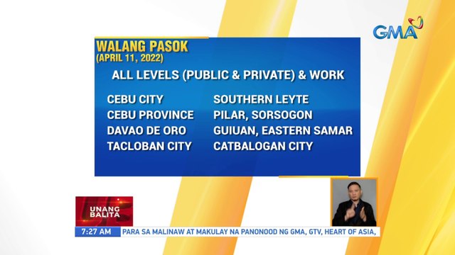 Mga lugar na walang pasok ngayong araw dahil sa Bagyong Agaton | UB