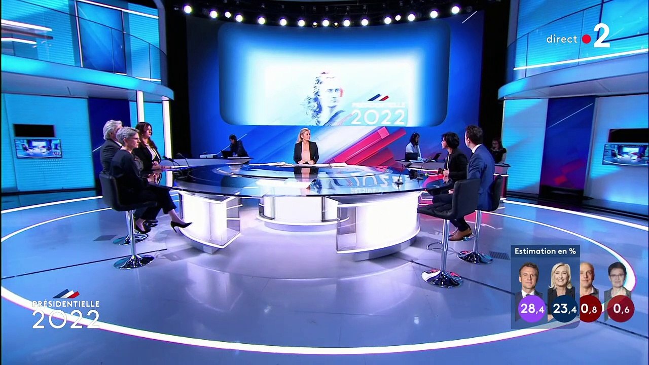 Extrait de la soirée électorale du premier tour des présidentielles animée par Anne-Sophie Lapix avec notamment Rachida Dati et Sandrine Rousseau comme invitées.