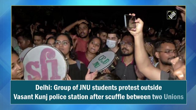 Delhi: Group of JNU students protest outside Vasant Kunj police station after scuffle between two Unions