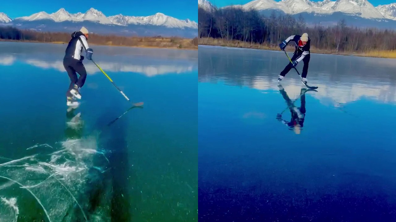 'Adventure craver tests his ice-skating skills on a frozen lake '