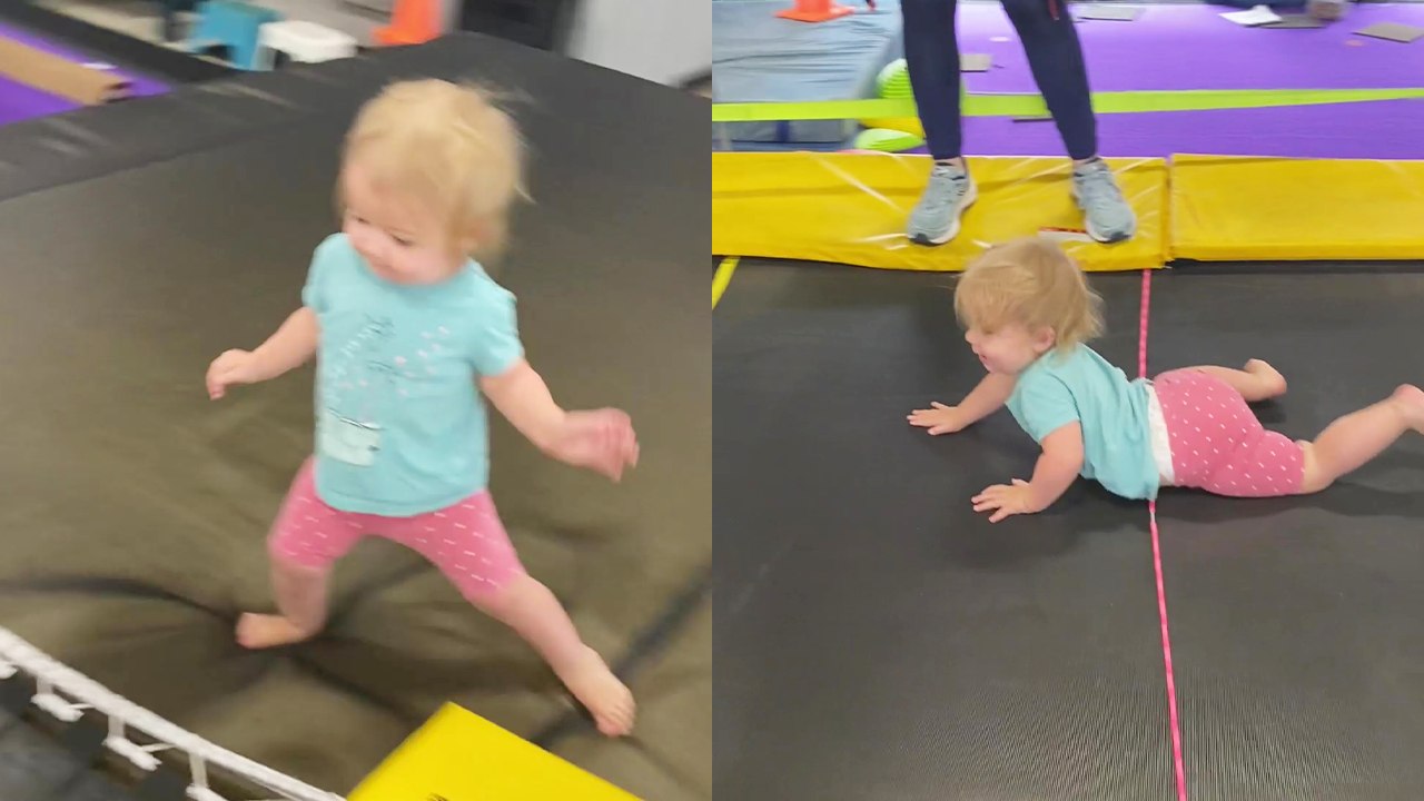 'Toddler trips and flips while jumping into the foam pit '