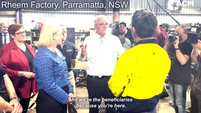 Scott Morrison talks to a Sydney factory worker on the Federal Election trail 2022 | April 12 2022 | Canberra Times
