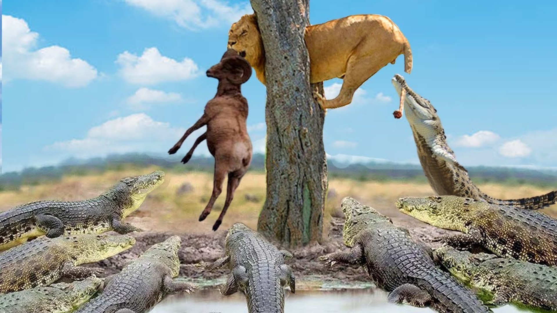 ⁣Lion VS 5 Crocodiles can the beat him? se the surprise in the end