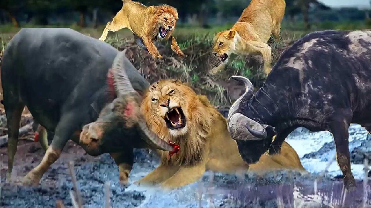 one Lion VS a Herd of Buffalo , see how they cut him into pieces