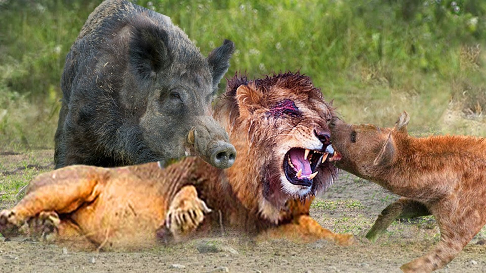 ⁣the lion was hunting his preys but they turned up on him and made him the victim!!!!