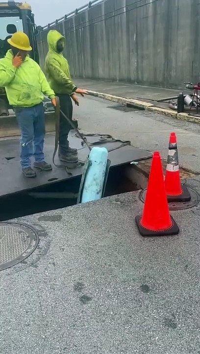 Worker Kicks Pipe Lining Causing it to Almost Expand onto Interstate