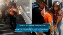 Policía de CDMX carga a niño con dificultades para caminar y lo ayuda a bajar escaleras del Metro