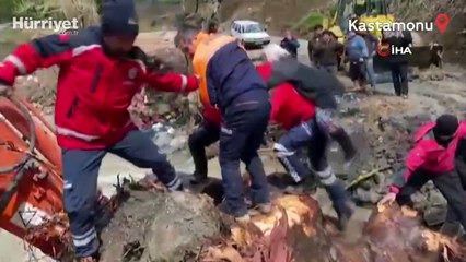 Selden yol kapandı, ekipler ağaç köklerinden köprü yapıp kurtardı