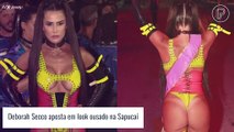 Deborah Secco curte Carnaval na Sapucaí com look cavado de látex e chicote