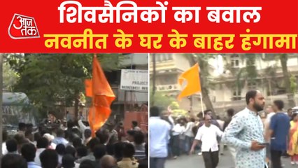 Shiv Sena workers protest outside Navneet Rana residence