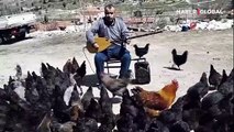 Afyonkarahisar’ın Emirdağ ilçesinde halk ozanı Kasım Mazıbaş, köyünde yetiştirdiği yumurta tavuklarına günün belli saatlerinde Emirdağ türküleri söylüyor