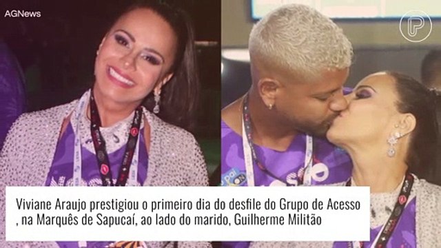 Grávida de 5 meses, Viviane Araujo mostra crescimento da barriga e troca beijos com marido na Sapucaí