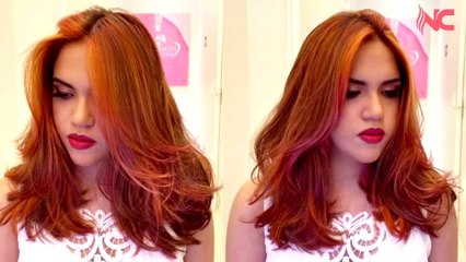Trasformazione nella colorazione dei capelli della modella con un bel rosso