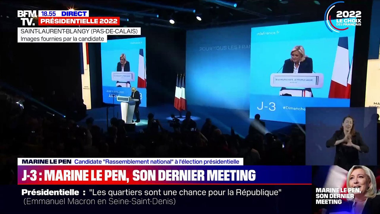 En meeting ce soir dans le Pas-de-Calais, Marine Le Pen revient sur le comportement d'Emmanuel Macron lors du débat : "Un Président ne devrait pas se tenir comme cela, nonchalant, arrogant, condescendant..."