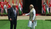 Prime Minister Narendra Modi meets British PM Boris Johnson at Hyderabad House in Delhi