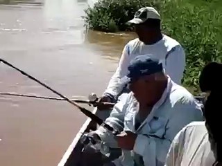 Il tente d'assommer son poisson mais regardez qui débarque