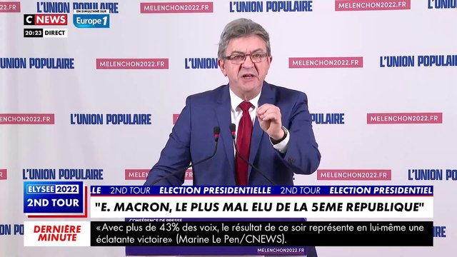 Présidentielle - Regardez Jean-Luc Mélenchon qui prend la parole après l'annonce de la victoire d'Emmanuel Macron : Emmanuel Macron est le plus mal élu des Présidents de la République avec un choix biaisé
