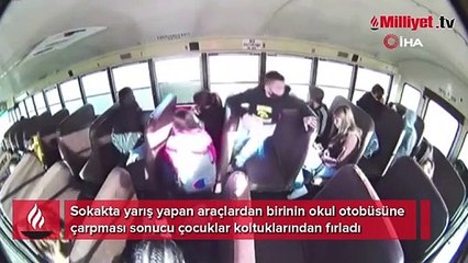 Yarış yapan araç okul otobüsüne çarptı