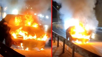 İçinde 3 bebeğin bulunduğu araç alev aldı! Cayır cayır yanan otomobilin o anları kamerada