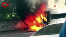 Ümraniye'de park halindeki servis minibüsü alev alev yandı