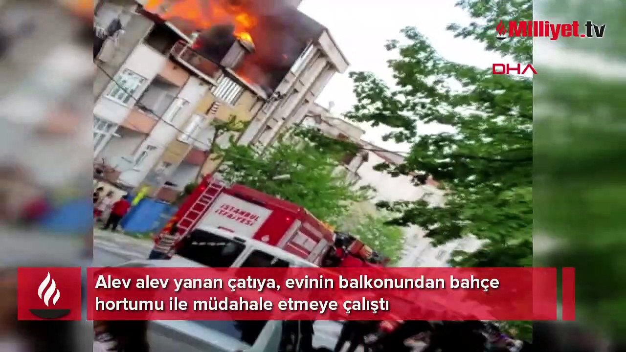 Bahçe hortumu ile yangına müdahale etmeye çalıştı