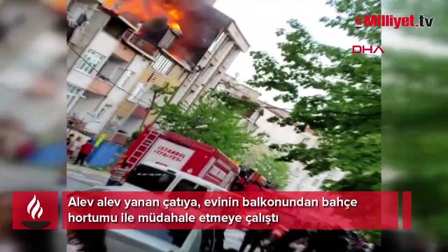 Bahçe hortumu ile yangına müdahale etmeye çalıştı