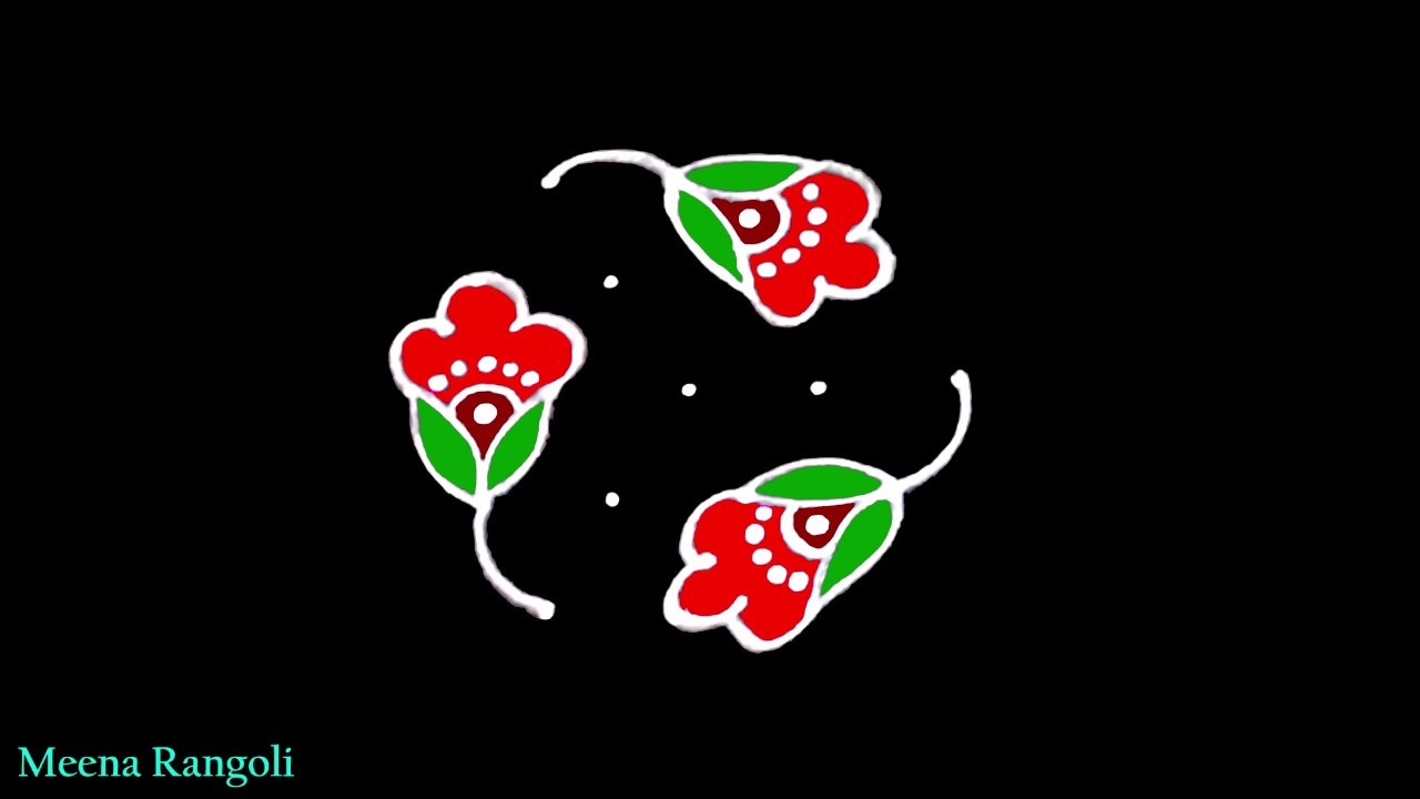 3 flowers rangoli design with 5 dots - beautiful flower rangoli designs - flower kolam - flower muggulu