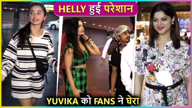 Helly shah looks lost yuvika chaudhary gets mobbed sneha wagh masti with paps at the airport
