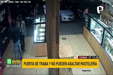 Comas: delincuentes intentan asaltar pastelería pero puerta se traba y huyen despavoridos