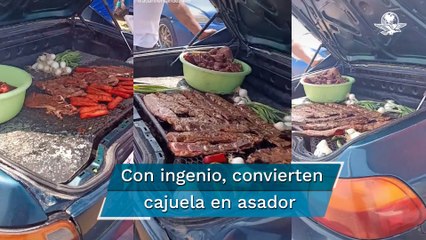 Amigos usan cajuela de su auto para hacer la carnita asada