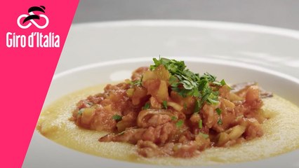 Giro d'Italia 2022 | Stage 18 | Polenta Valsugana served with sausage and mushrooms