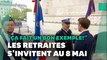 Ce porte-drapeau fait référence à la réforme des retraites et fait sourire Macron