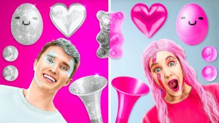 PINK VS SILVER FOOD CHALLENGE 24 HRS Unbelievable Color Food And Funny Mukbang by 123GO SCHOOL