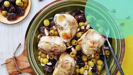 Râbles de lapin aux olives vertes, pruneaux et amandes