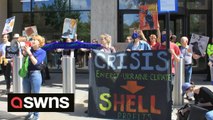 Climate activists protest outside Shell’s London HQ against controversial new North Sea gas field