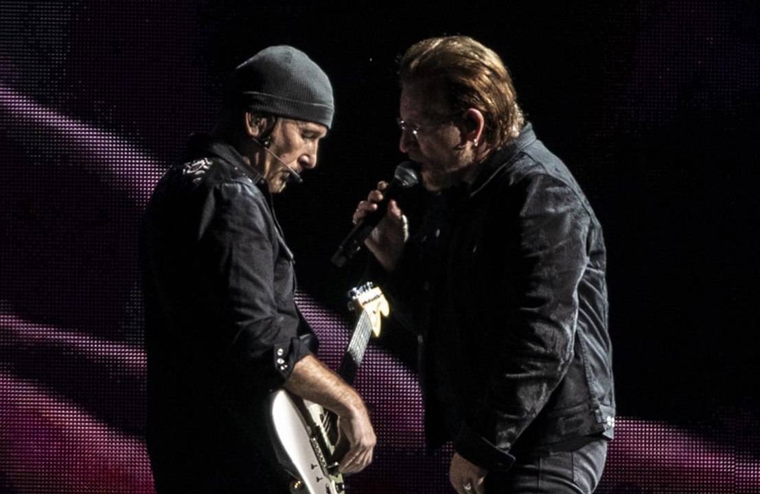 U2's Bono and The Edge perform at bomb shelter in Kyiv