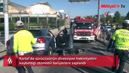 Kartal’da kontrolden çıkan otomobil bariyerlere saplandı, sürücü ağır yaralandı