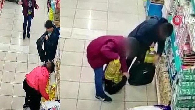 Üç çocuk boş çantalarla gelip marketten yağ çaldı