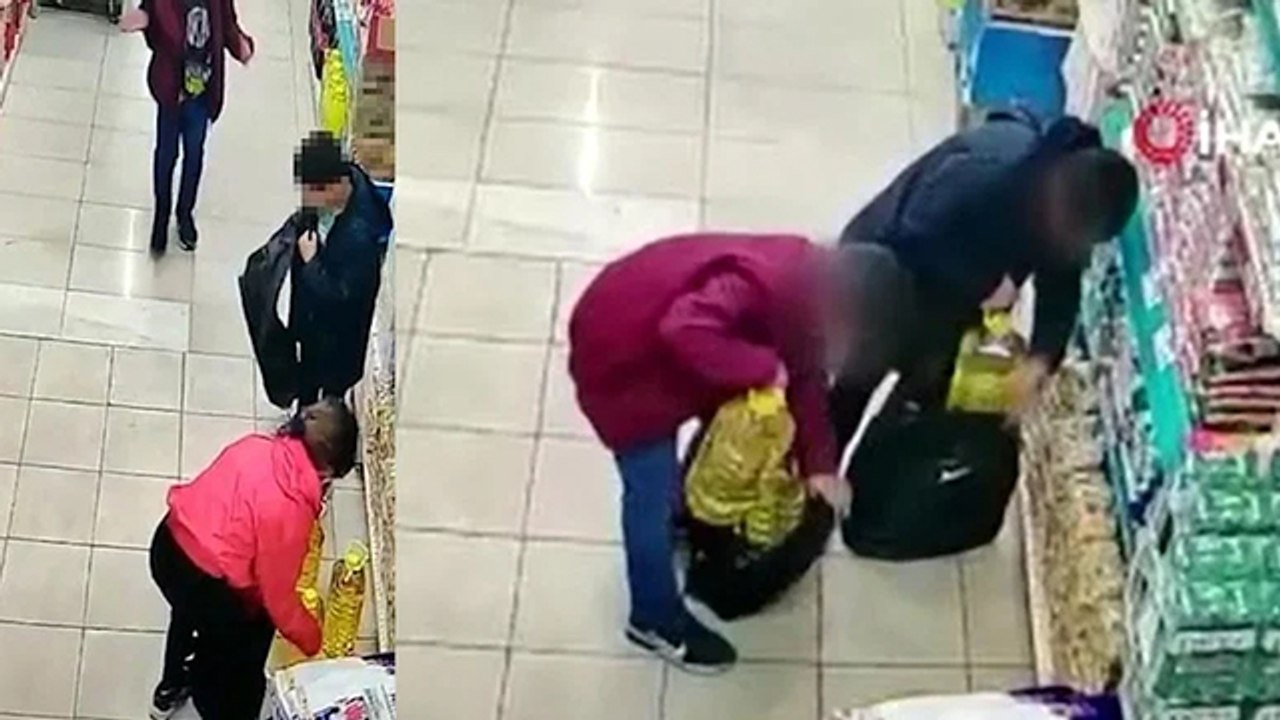 Üç çocuk boş çantalarla gelip marketten yağ çaldı