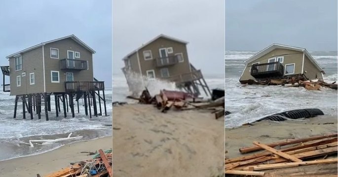 L'effondrement spectaculaire d'une maison sur pilotis emportée par l'Océan