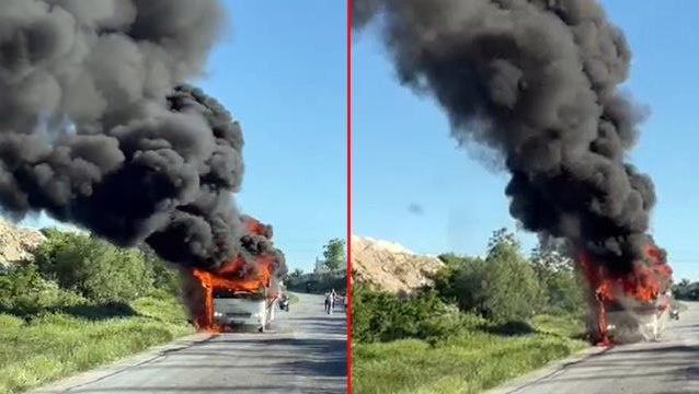 Sürücünün dikkati faciayı önledi! İşçileri taşıyan minibüs cayır cayır yandı