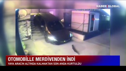 Akıl almaz görüntü: Otomobille merdivenden indi, bir kişi ölmekten kıl payı kurtuldu