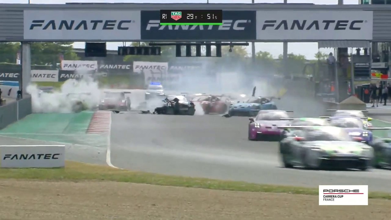 Porsche Carrera Cup France Race 1 Magny-Cours Start Huge Crash Pile Up