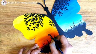 Easy and beautiful butterfly drawing __ day night Painting __ Pallavi Drawing Academy