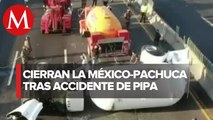Cierran la autopista México-Pachuca por volcadura de pipa con gas LP