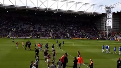 Rangers fans and players at full-time after beating Hearts