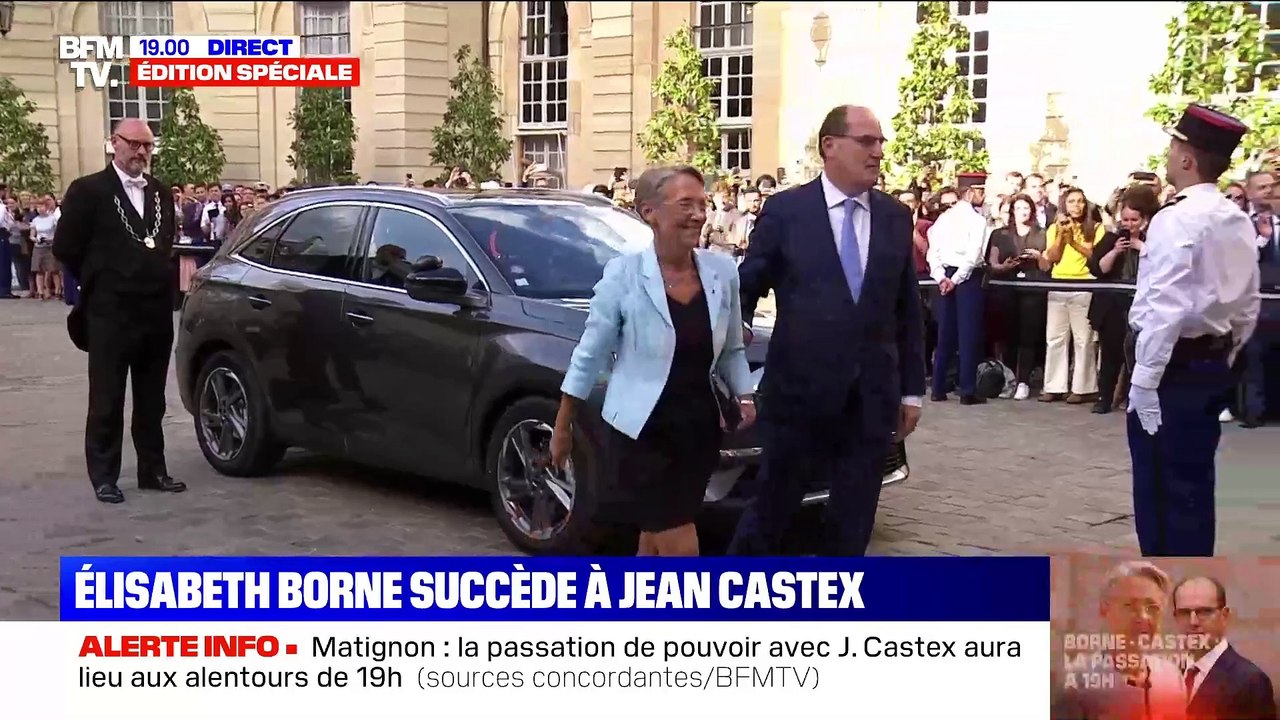 Regardez l'arrivée d'Elisabeth Borne à Matignon le 16 mai 2022 à 19h pour la transition avec Jean Castex