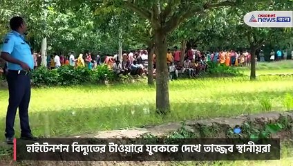 Man climbs up high tension Electric Tower