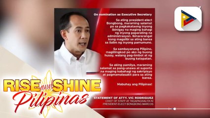 Atty. Vic Rodriguez, tinanggap ang alok na executive secretary ng bagong administrasyon