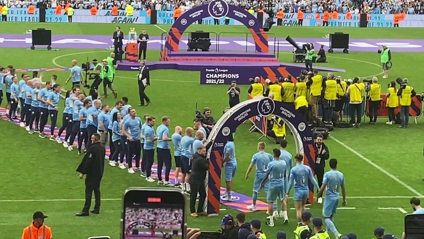 Manchester City's on-pitch trophy presentation as they win the Premier League title.
